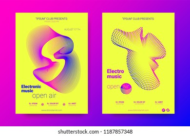 Music Abstract Colorful Poster. Bright Sound Flyer with Distortion of Circles. Trendy Abstract Covers of Electronic Music Event. Modern Vibrant Gradient and Wave Lines. Abstract Vector Illustration.