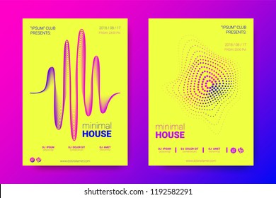 Music Abstract Colorful Poster. Bright Sound Flyer with Distortion of Circles. Trendy Abstract Covers of Electronic Music Event. Modern Vibrant Gradient and Wave Lines. Abstract Vector Illustration.