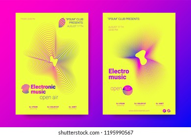 Music Abstract Colorful Poster. Bright Sound Flyer with Distortion of Circles. Trendy Abstract Covers of Electronic Music Event. Modern Vibrant Gradient and Wave Lines. Abstract Vector Illustration.