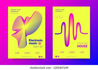 Music Abstract Colorful Poster. Bright Sound Flyer with Distortion of Circles. Trendy Covers of Electronic Music Event. Modern Vibrant Gradient and Wave Lines. Abstract Vector Illustration.