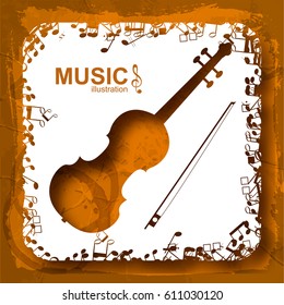 Music abstract composition with violin white square and musical notes icons on crumpled paper isolated vector illustration
