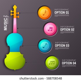 Music abstract infographics with colorful circles four options violin and musical notes on dark background vector illustration