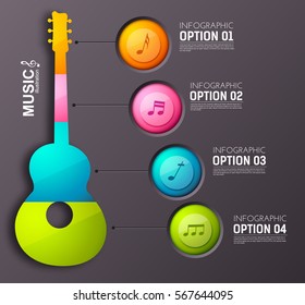 Music abstract infographics with colorful four buttons acoustic guitar and musical notes on dark background vector illustration