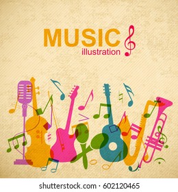 Music abstract template with colorful light musical instruments and notes silhouettes on striped vintage background vector illustration