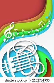 Fondo vectorial abstracto musical. Instrumento musical clásico con diseño de notas de melodía en corte de papel. Espectáculo musical clásico o tema de conciertos de orquesta