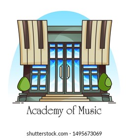 Music academy or conservatory building. Musical school or university, college. Facade of vocational or vocal, museology structure. Exterior view on art construction. Architecture and music banner