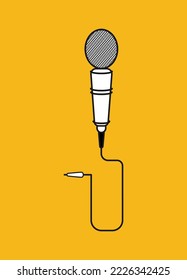 Musikzubehör, Mikrofon, Vektorgrafik, minimalistische schwarze Linie und weiße Illustration auf gelbem Hintergrund, großartiges Design für jeden Zweck