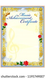 Music Achievement Certificate Template. Vintage Frame Border, Gradient Colorful Background With Music Objects Around