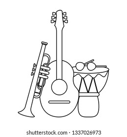 music acoustic guitar drum with sticks and trumper in black and white