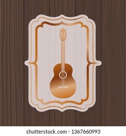 music acoustic guitar in frame with wooden background