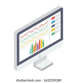 Music adjustment on monitor screen, sound analyzer icon in isometric design