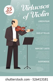 Music advertising poster with virtuoso of violin image and information about concert date flat vector illustration