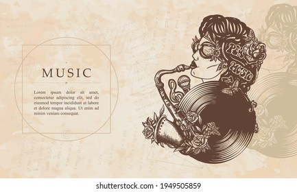 Music. African American Funky Woman Plays A Saxophone. Vinyl Disk, Saxophone, Microphone, Notes. Happy Hippie Musician. Renaissance Background. Medieval Manuscript, Engraving Art