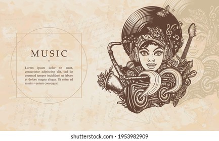 Musik. Afroamerikanisch junge funkige Frau. Renaissance-Hintergrund. Mittelalterliches Manuskript, Gravitation. Hippie-Musical-Mädchen, Saxophon, Gitarre und Retro-Boom-Box. Jazz, Funk, Soul, Disco-Konzept