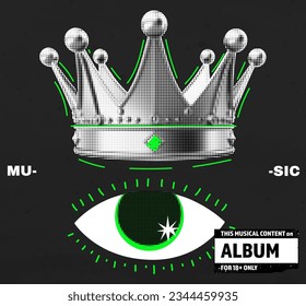 Music album cover. Punk music. crown with eye and doodles. Acid green and black. Rave party royalty. Halftone vector illustration