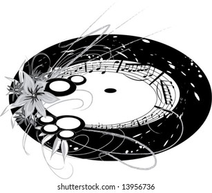 music album record with flowers sprays notes - Vector