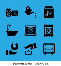 music album, recycling, camcorder, watering can, laptop, chest of drawers, band aid, bathtub and ecology vector icon. Simple icons set