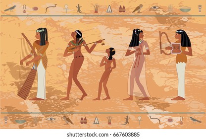 Music of ancient Egypt. Hieroglyphic carvings, frescoes, mythological scenes. Egyptian gods and pharaohs background. Vector illustration.