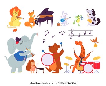 Music Animals. Musician Play Instruments, Forest Dwellers With Sax Tambourine Violin Drum. Cartoon Lion Fox Bunny Decent Vector Characters