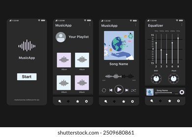 Music app concept in flat design. MusicApp's interactive mobile interface with features like playlist, song player and equalizer settings. Vector Illustration.