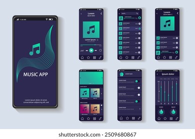 Conceito de aplicativo de música em design plano. Esta imagem mostra a interface do usuário do aplicativo de música com várias telas exibindo recursos como músicas, listas de reprodução e configurações. Ilustração de vetor.