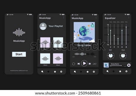 Music app concept in flat design. MusicApp's interactive mobile interface with features like playlist, song player and equalizer settings. Vector Illustration.