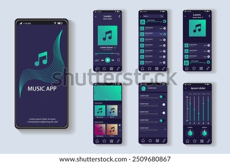 Music app concept in flat design. This image shows the music app's user interface with multiple screens displaying features such as songs, playlists, and settings. Vector Illustration.