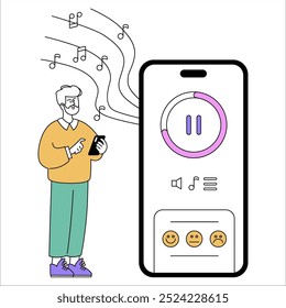 Music app concept. A man enjoys tunes from his phone with a visualized streaming service interface. Interaction with digital entertainment. Vector illustration.