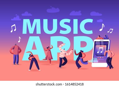 Music App Concept. Young People Wearing Headset Listening Sound Tracks on Mobile Phone. Girl Doing Fitness Exercises, Musical Relaxation Poster Banner Flyer Brochure. Cartoon Flat Vector Illustration