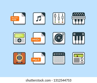 Music app icon in rounded square box. Suitable for design element for music player software and app. Collection of modern audio player technology.