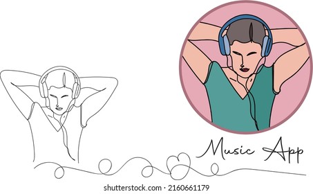 Music app logo, Music vector, Sketch drawing of man listing music on headphones in relaxing pose, line art illustration of boy listening music on cell phone app