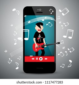 Music App on Cellphone. Rock Guitar Player with Notes. Songs Playlist Symbol on Mobile Phone.