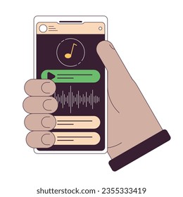 Aplicación musical en la ilustración de punto vectorial de concepto de línea plana de smartphone. Escuchando música. Sujetando el esquema de dibujos animados 2D de gadget mano en blanco para el diseño de interfaz de usuario web. imagen de héroe de color aislado editable