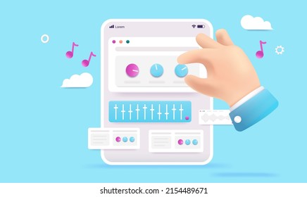 Music app on tablet - Vector illustration of device screen with musical knobs and hand interacting. Making music just for fun concept