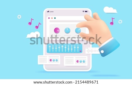 Music app on tablet - Vector illustration of device screen with musical knobs and hand interacting. Making music just for fun concept