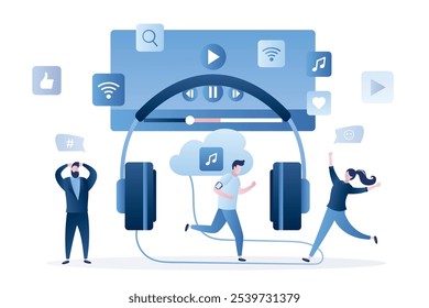 App de música, radio online o streaming de música. Varias personas y grandes auriculares. Sistema de servicio de difusión en línea para escuchar canciones sin Descarga. Reproducción multimedia con contenido en la nube inalámbrica. Vector