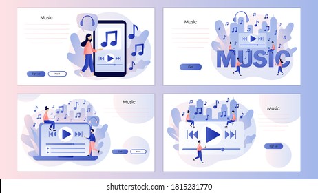 Music app. Tiny people listen music, sound, audio online. Media player. Screen template for mobile smart phone, landing page, template, ui, web, mobile app, poster, banner, flyer. Vector illustration