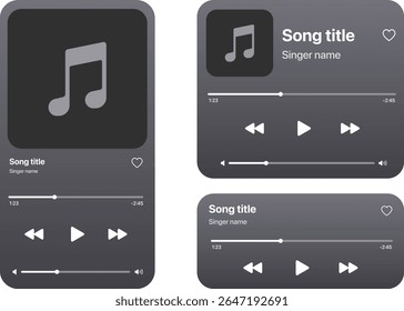 Conjunto de IU de aplicativo de música com design limpo mostrando o perfil, a lista de reprodução, o álbum e as telas de música