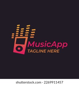 Music App Vector Logo Template. Music Store Emblem in colorful gradient style. Branding identity for musical business company. Stock vector label design isolated on dark background