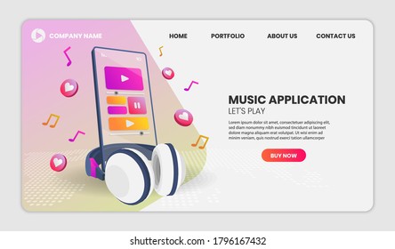 Music application and phone in perspective view.Vector 3d illustration.Hero image for website.