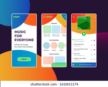 Music Application User Interface Design. Mobile music player app pages. Colorful and simple User Interface for application.