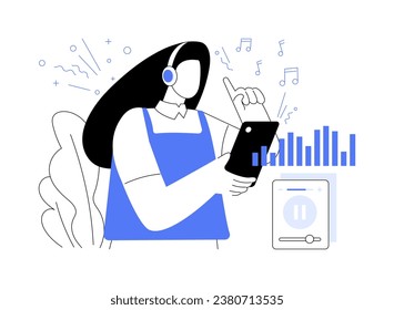 Music apps abstract concept vector illustration. Attractive girl in headphones listening to music with smartphone, IT technology, application development, create playlist abstract metaphor. svg