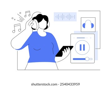 Musik-Apps, einzelne Cartoon-Vektorgrafiken. Attraktive Mädchen in Kopfhörer Musik hören mit Smartphone, IT-Technologie, Anwendungsentwicklung, erstellen Playlist Vektor Cartoon.
