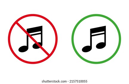 Music Area Black Silhouette Icon Set. Silence Zone Place Red Forbidden Round Sign. Allowed Place for Sing Music Green Symbol. Noise Sign. Warning No Musical Note Ban. Isolated Vector Illustration.