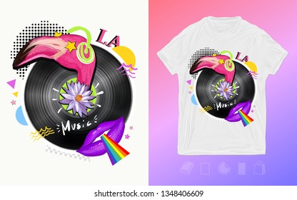 Music art. Disco party, vinyl disc, flamingo and lips. Zine culture style. Print for t-shirts and another, trendy apparel design 