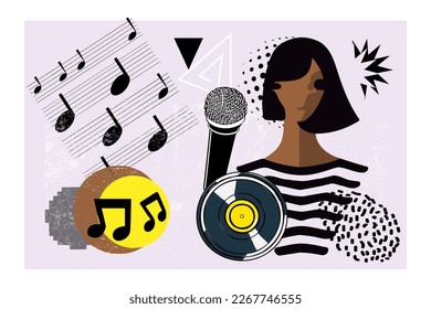 Music art. Disco party, vinyl disc, disco background. Zine culture style template, fashion contemporary collage