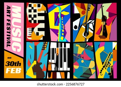 Music and Art Festival. Vector illustration of a set of abstract jazz backgrounds with musical instruments. Guitar, piano, saxophone and violin.