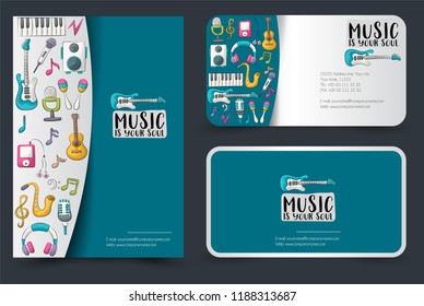 Music art flyer and business cards set. Background for advertisement, invitation, brochure template. Hand drawn doodle cartoon style modern musical trends concept. Vector illustration.