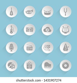 music art instruments gray vector icons on round puffy paper circles with transparent shadows on blue background for web, mobile and user interface design