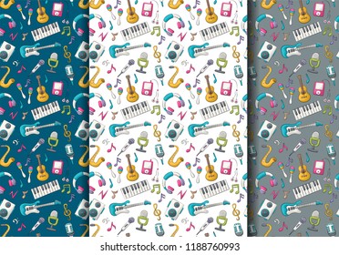 Music art seamless pattern set. Colorful childish decor repeat background. Hand drawn doodle cartoon style modern musical trends design concept. Vector illustration.